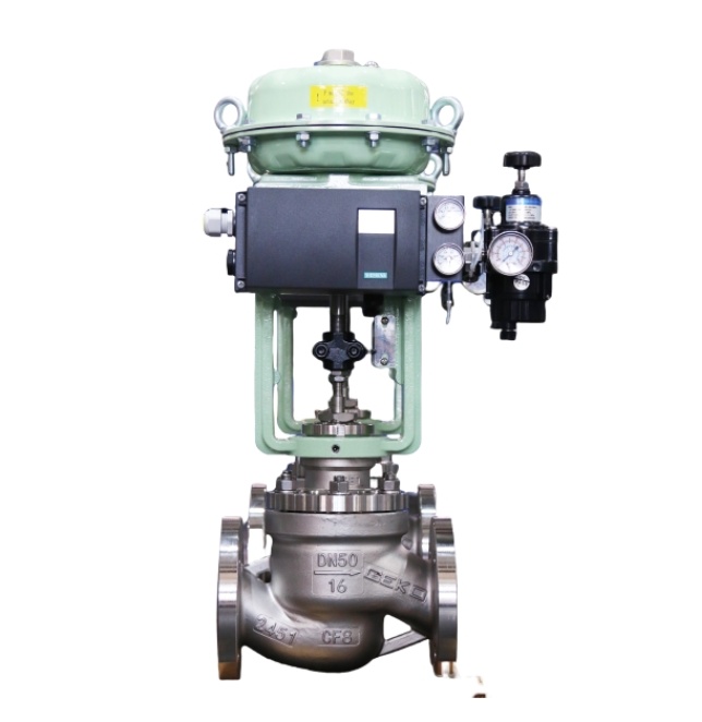 Válvula de control y cierre de asiento único con diafragma neumático y aletas de refrigeración inteligentes