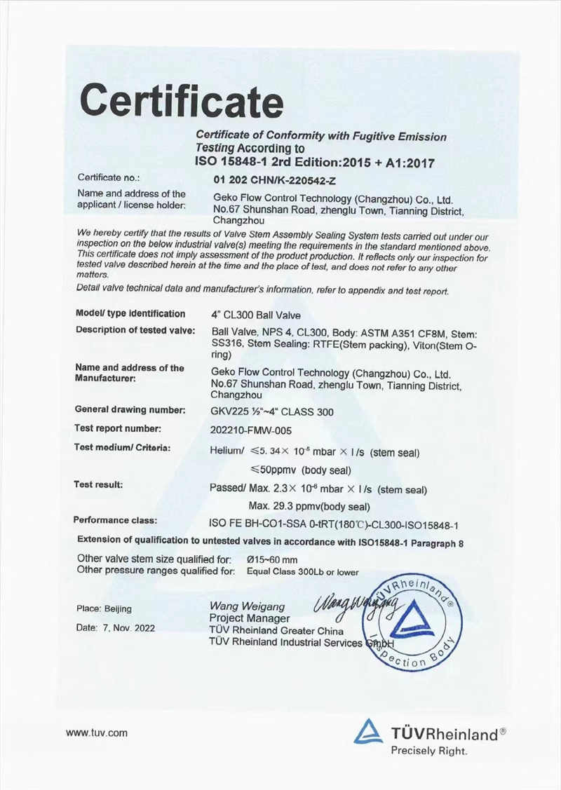 Válvulas y controles Geko, certificado de baja emisión TÜV ISO15848 obtenido en China para válvulas de bola Geko
